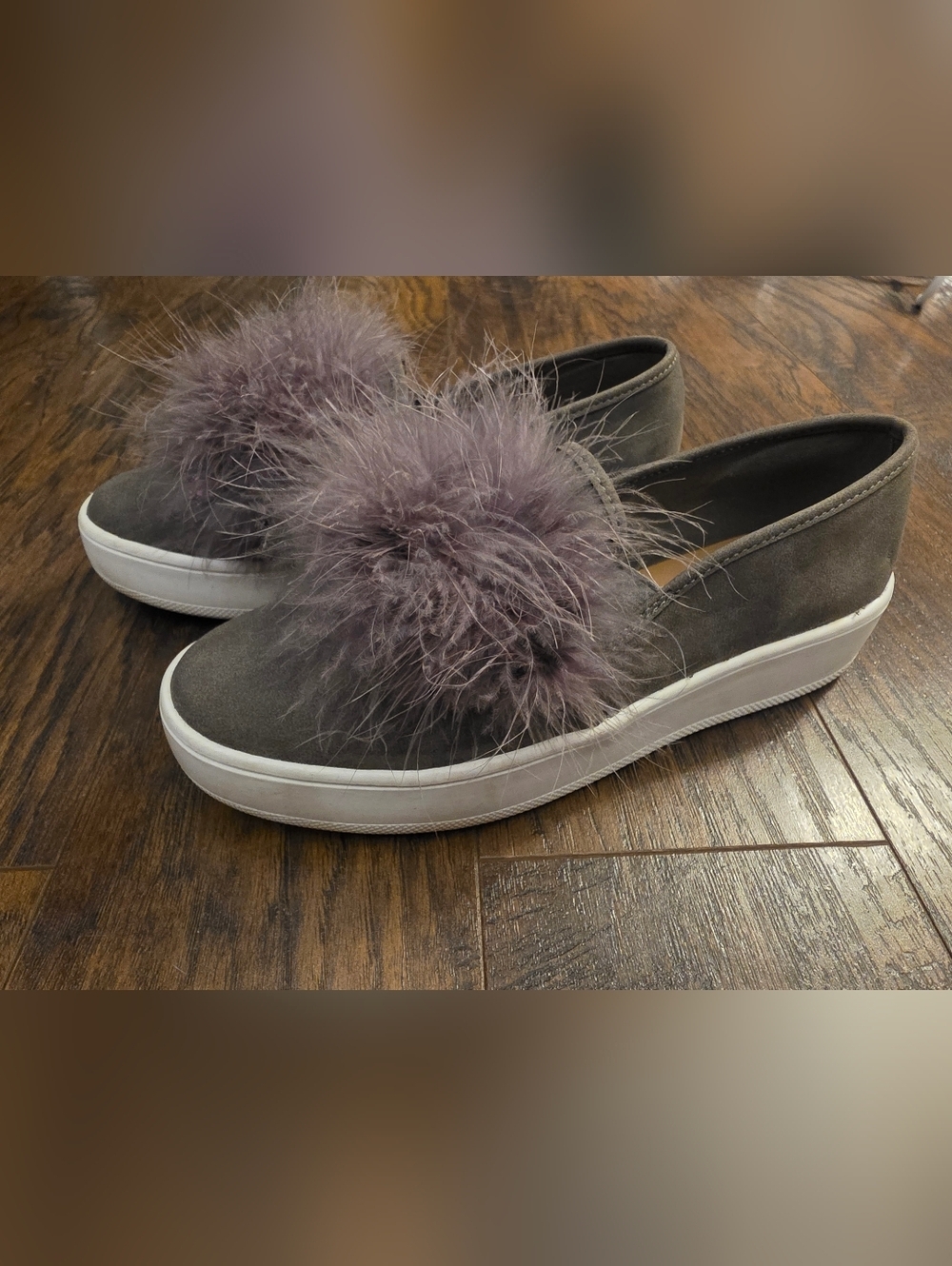 Soda Gray Suede Slip-On Mules with Purple Pom - Picture 1 of 6